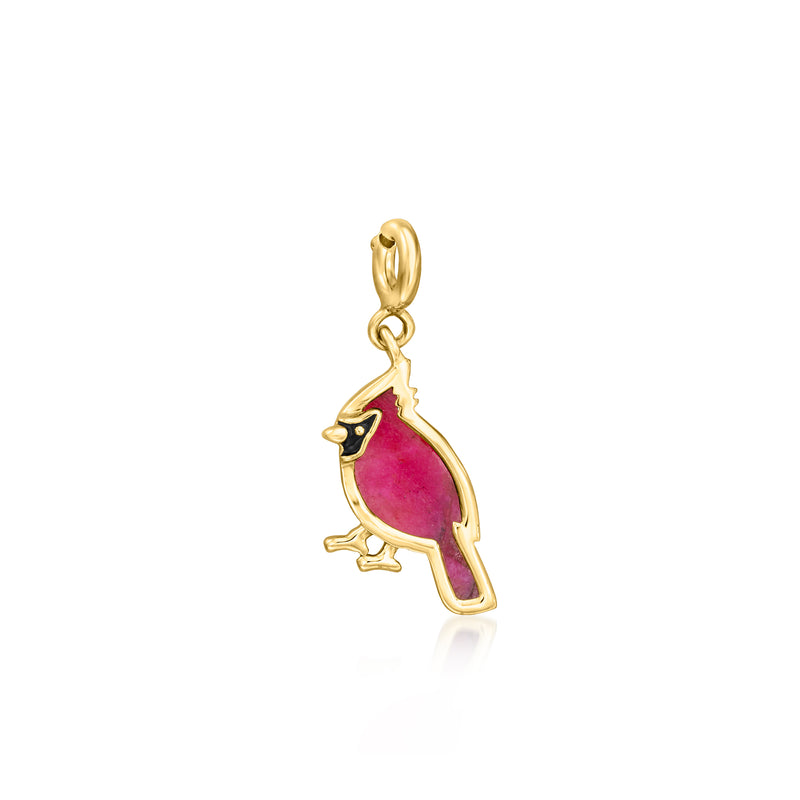 Gold-tone cardinal bird charm with pink-red ruby-style stone, bail on top