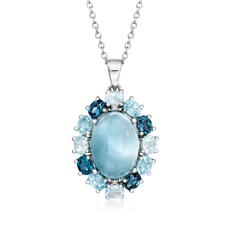 Sterling silver pendant necklace with oval milky aquamarine and blue topaz clusters