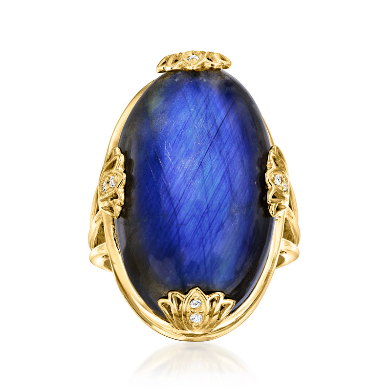 Labradorite lotus ring in gold-tone with oval blue cabochon and diamond accents
