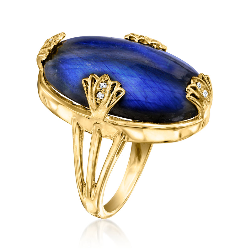 Gold-tone labradorite lotus ring with oval blue cabochon, raised band, diamond details