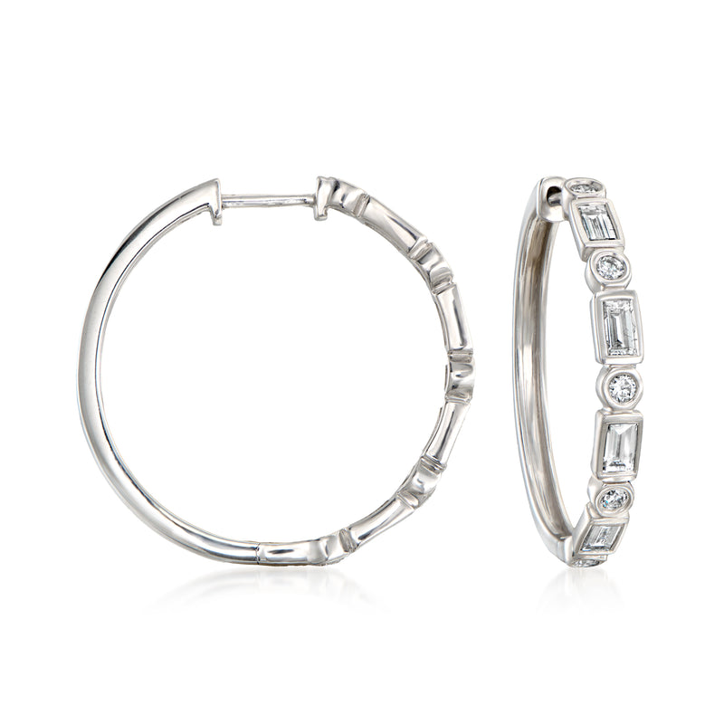 Sterling silver hoop earrings with baguette and round diamond accents