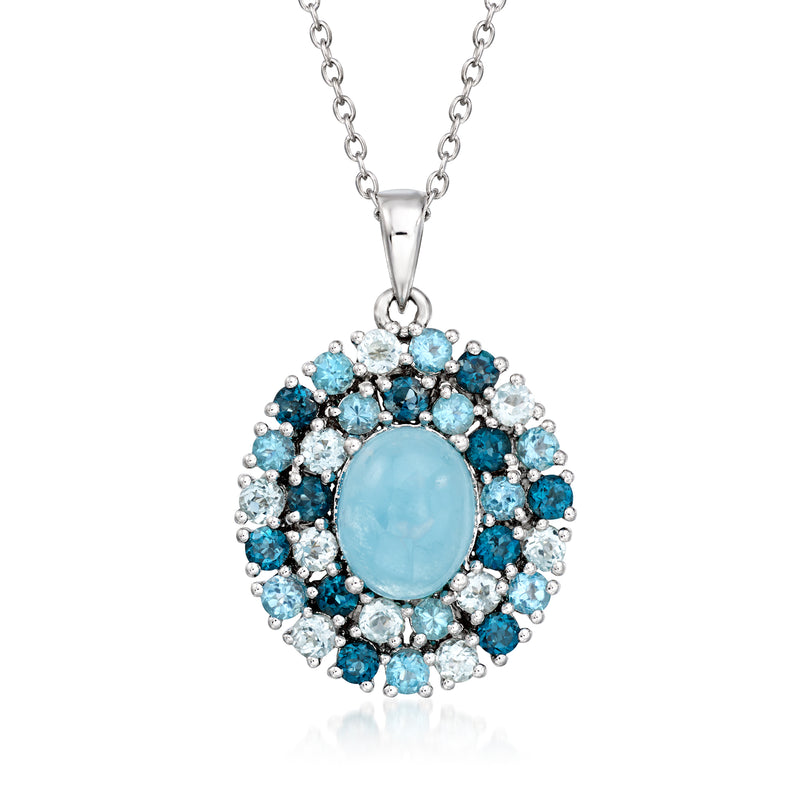Sterling silver pendant necklace with oval milky light blue aquamarine center and blue halo