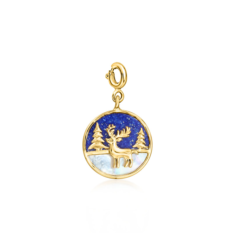 18kt gold over sterling charm with blue lapis reindeer scene, round pendant