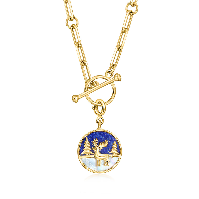 Gold charm with round blue lapis reindeer scene, on chain with loop clasp