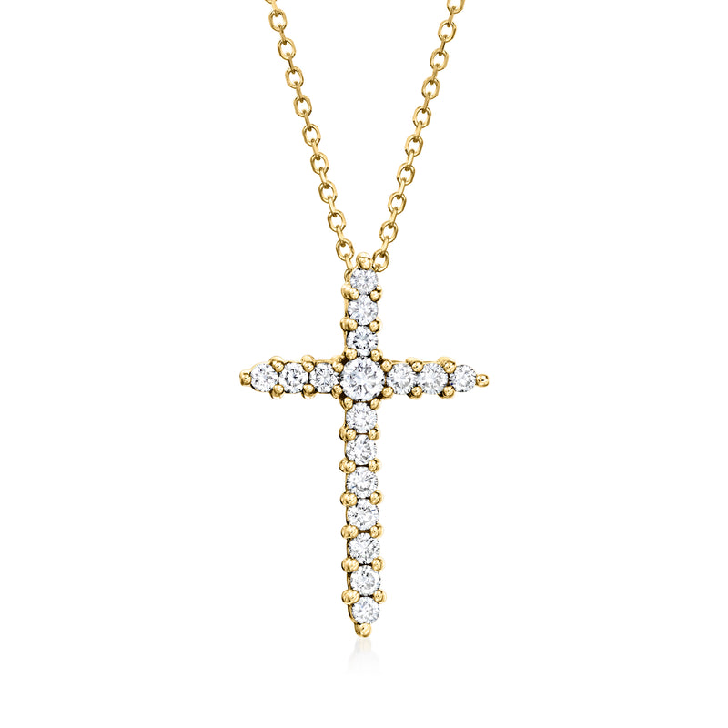 14kt yellow gold diamond cross pendant necklace with round-cut stones