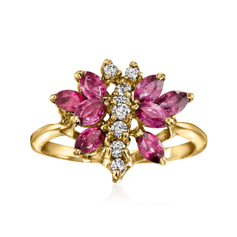 14kt yellow gold butterfly ring with pink sapphires and clear diamond accents