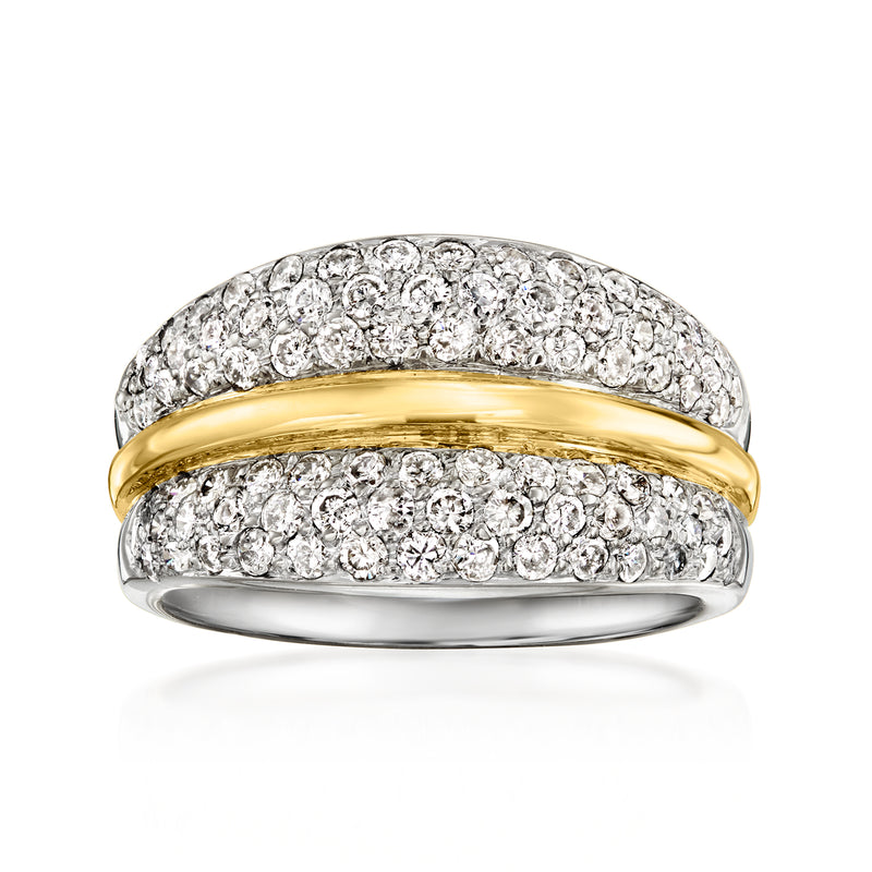 Diamond ring in two-tone gold with pavé diamonds and a yellow gold center band