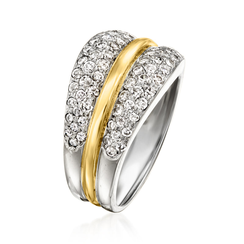 Vintage two-tone gold diamond ring with pavé diamonds and yellow gold center stripe