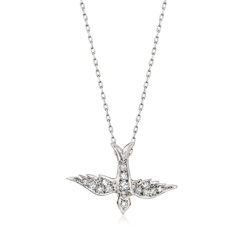 Vintage bird pendant necklace in 18kt white gold with diamond and ruby accents