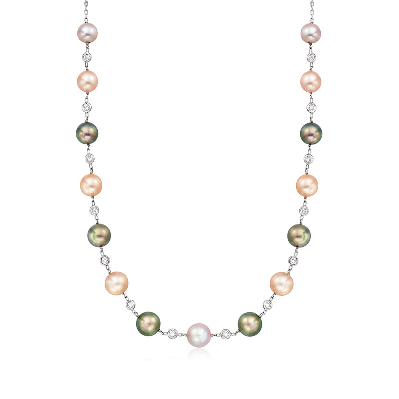 Multicolored cultured pearl station necklace with diamond accents in 18kt white gold