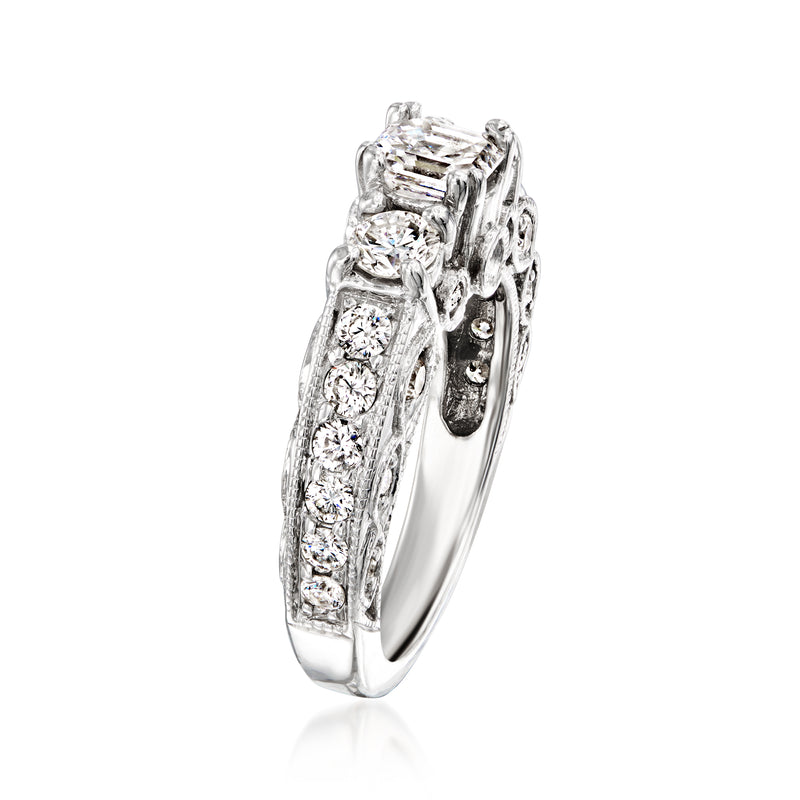 White gold diamond ring with emerald-cut center stone and prong-set band details