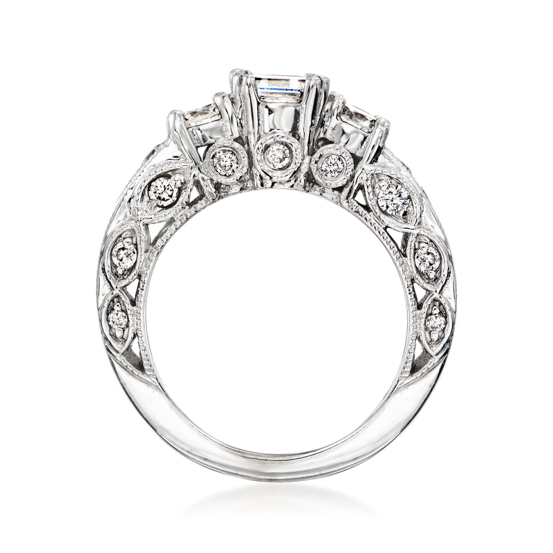 White gold diamond ring with emerald-cut center stone, round side stones, open arch band