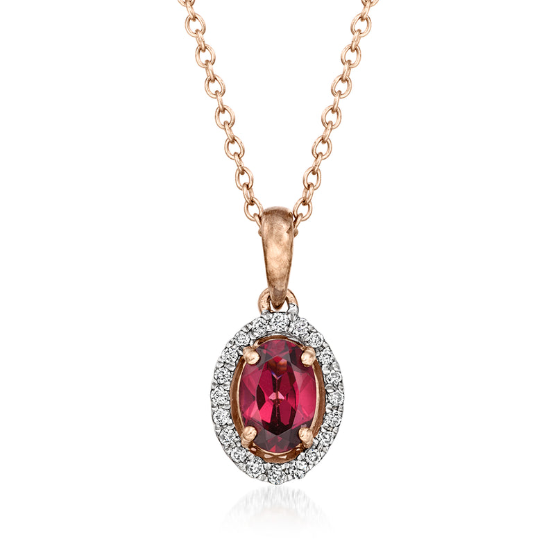 Oval garnet pendant necklace with diamond halo on rose gold chain