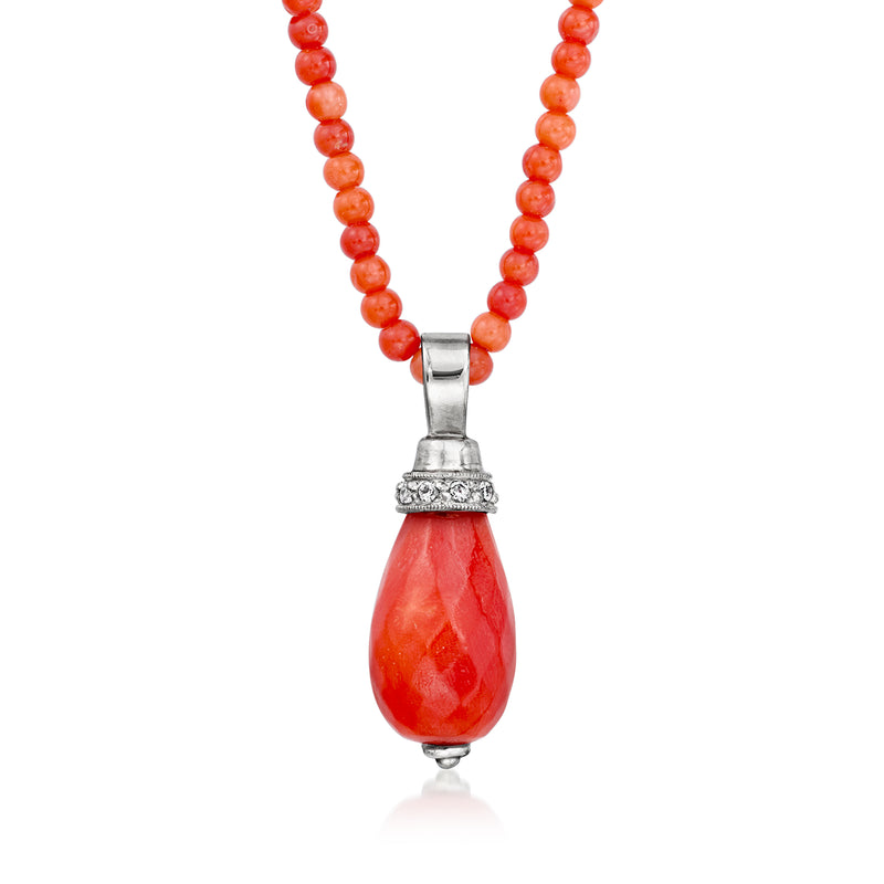 Vintage red coral bead pendant necklace with teardrop pendant in silver-toned metal