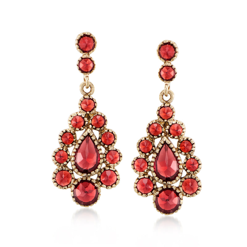 14kt yellow gold drop earrings with red garnet cluster and teardrop center