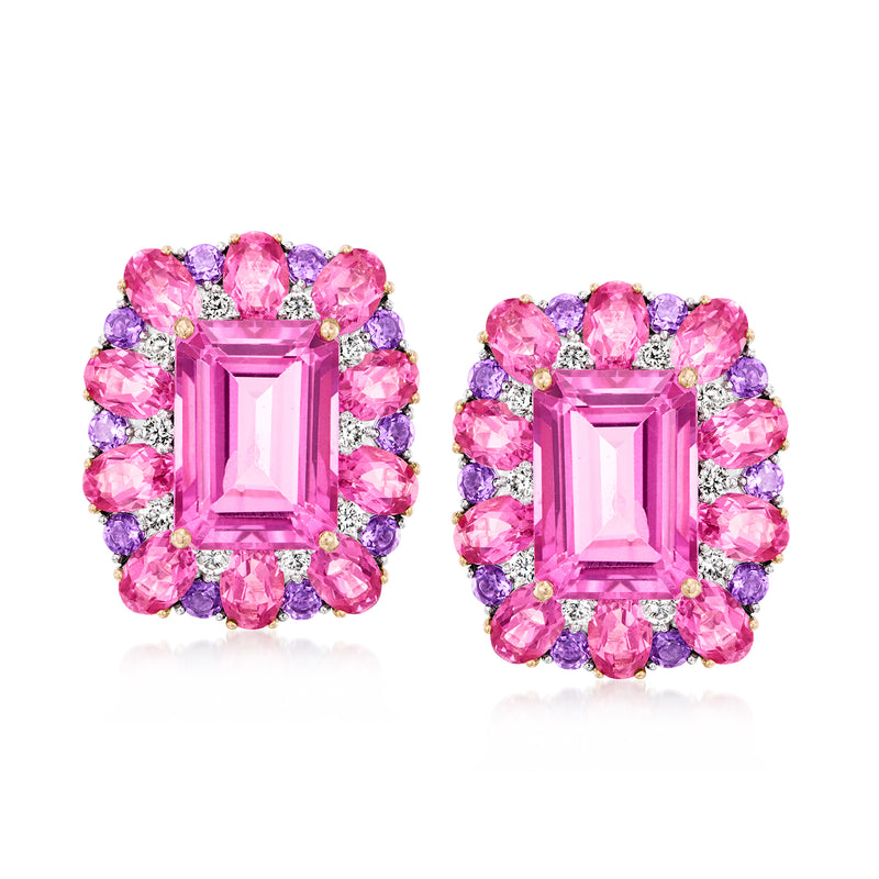 Pink and purple gemstone halo stud earrings with diamond accents in white gold