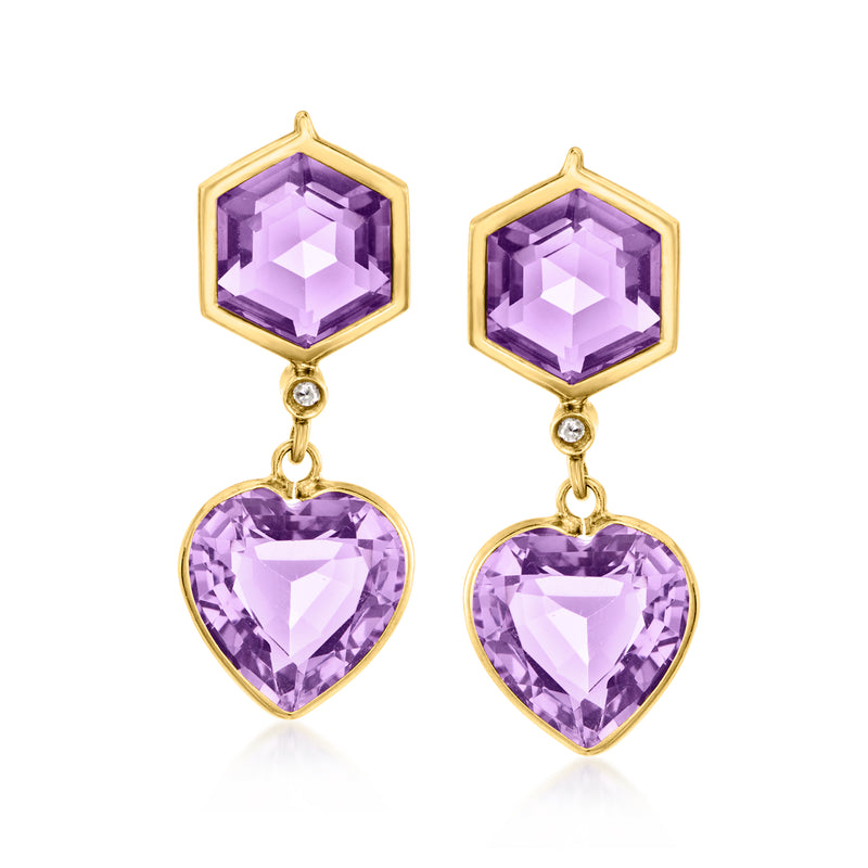 Amethyst and diamond drop earrings in 18kt yellow gold, hexagon and heart stones