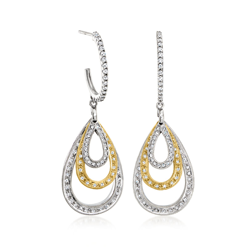 Two-tone gold diamond teardrop drop earrings with yellow center concentric frame