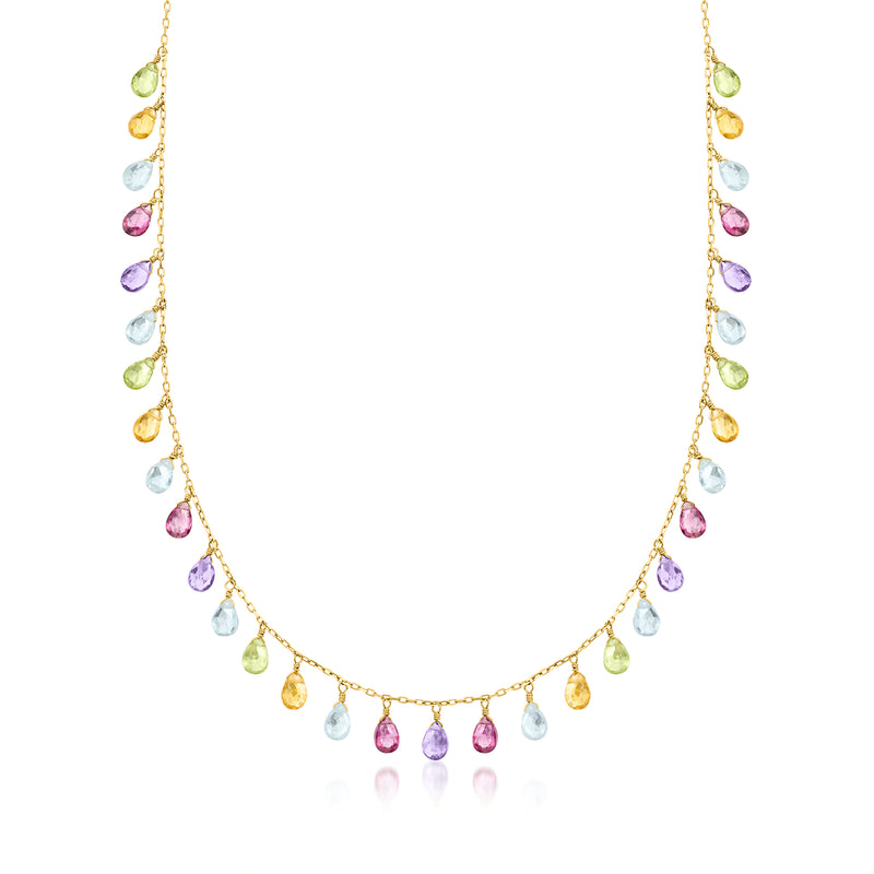 14kt yellow gold necklace with multi-color gemstone drop beads, teardrop charms