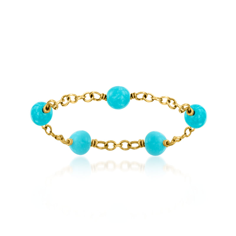 Turquoise 3mm bead station ring in 14kt yellow gold with round beads on chain