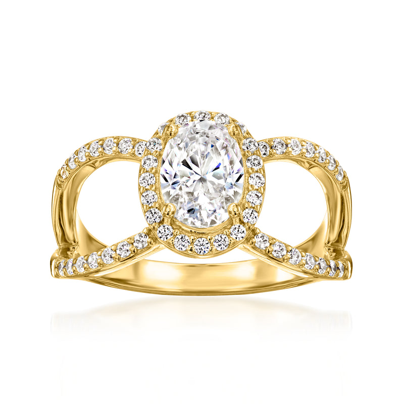 18kt gold over sterling CZ ring with oval center stone and pavé split swirl band