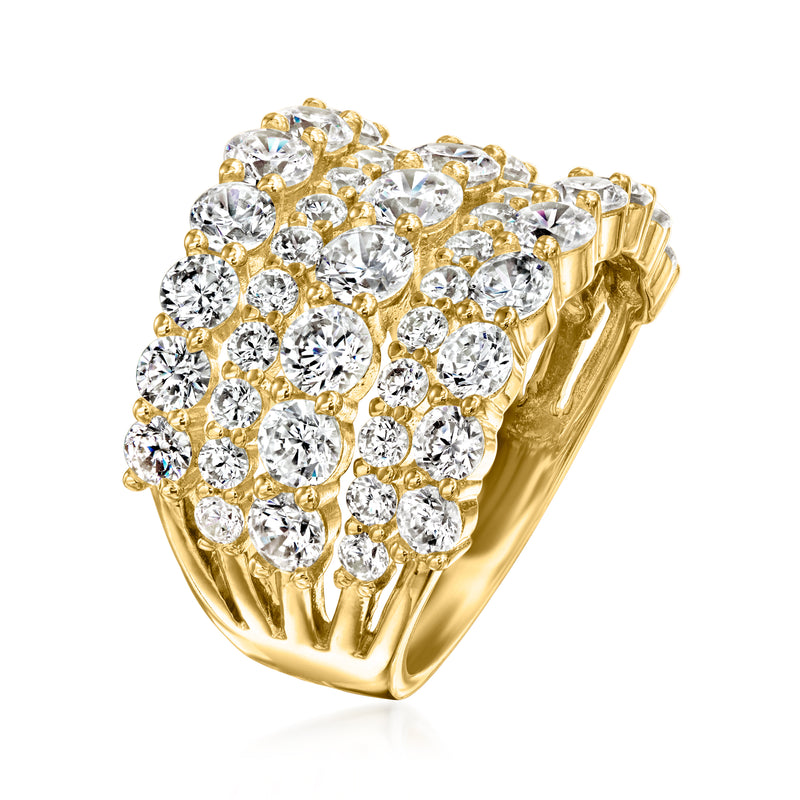 Three-row CZ ring, gold-tone with many round clear stones and raised prong settings