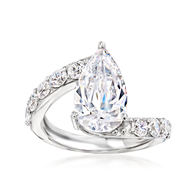 Sterling silver CZ swirl ring with large pear-cut center stone and side accents