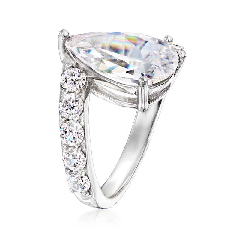 Sterling silver CZ swirl ring with pear-cut center stone and round side stones