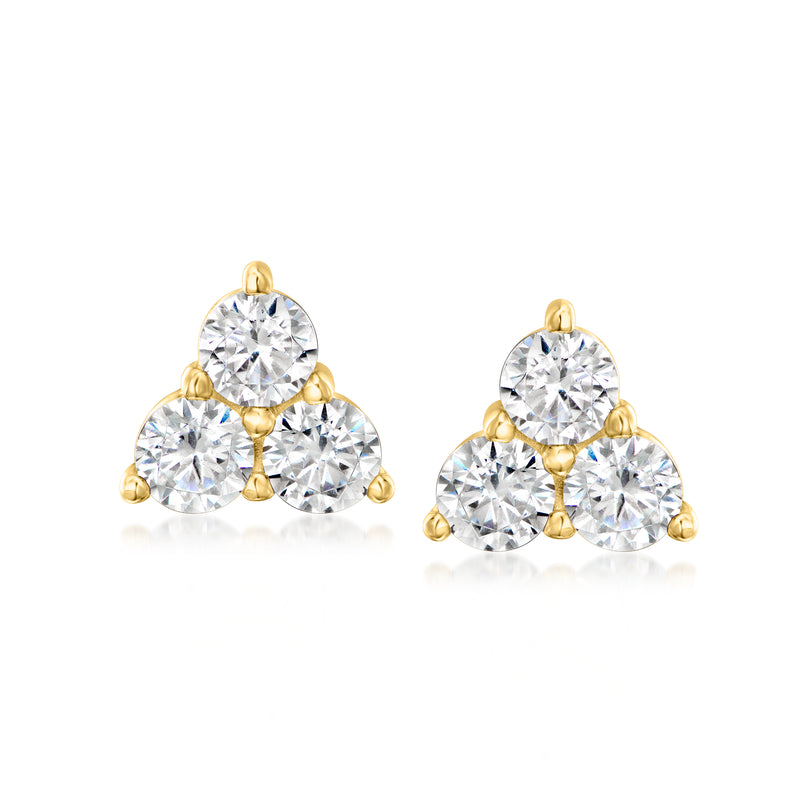 Three-stone CZ stud earrings, round stones on 18kt gold over sterling posts