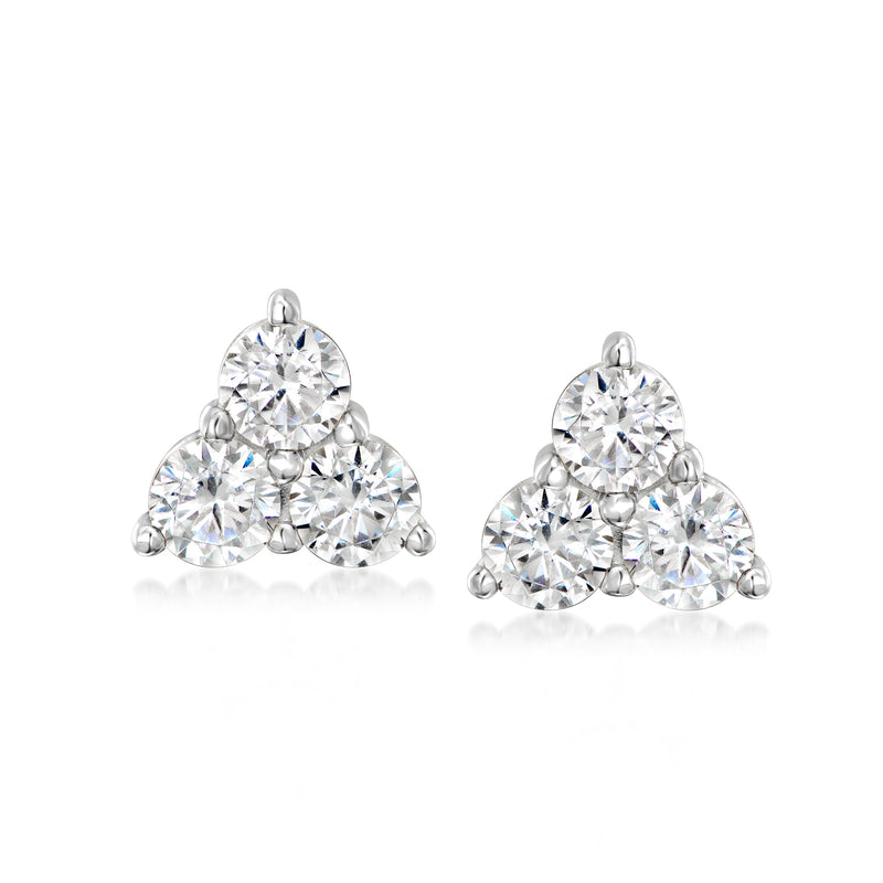 Sterling silver three-stone CZ stud earrings with round stones in a triangle cluster