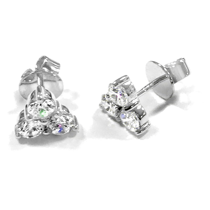 Sterling silver three-stone CZ stud earrings, post backs visible, round stones cluster