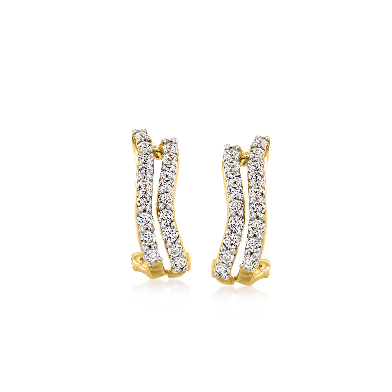 14kt yellow gold diamond wavy hoop earrings with raised white stone rows