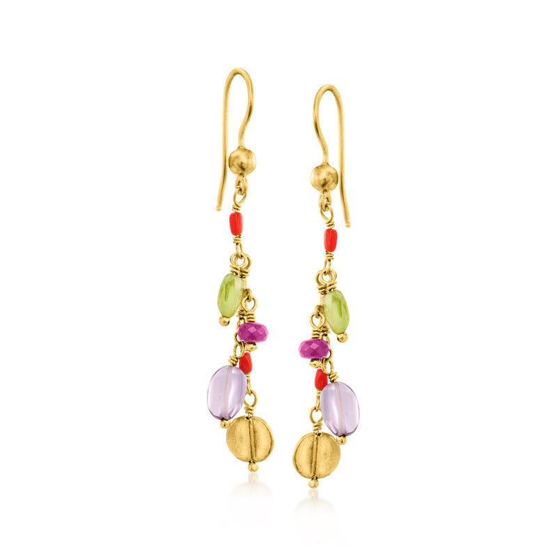 Yellow gold drop earrings with red, purple, green and lavender gemstone beads