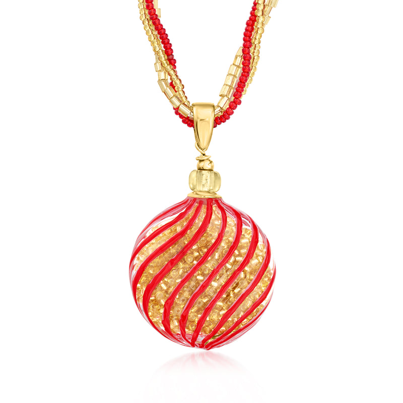 Red and gold Murano-style glass bead ornament pendant necklace with beaded chain
