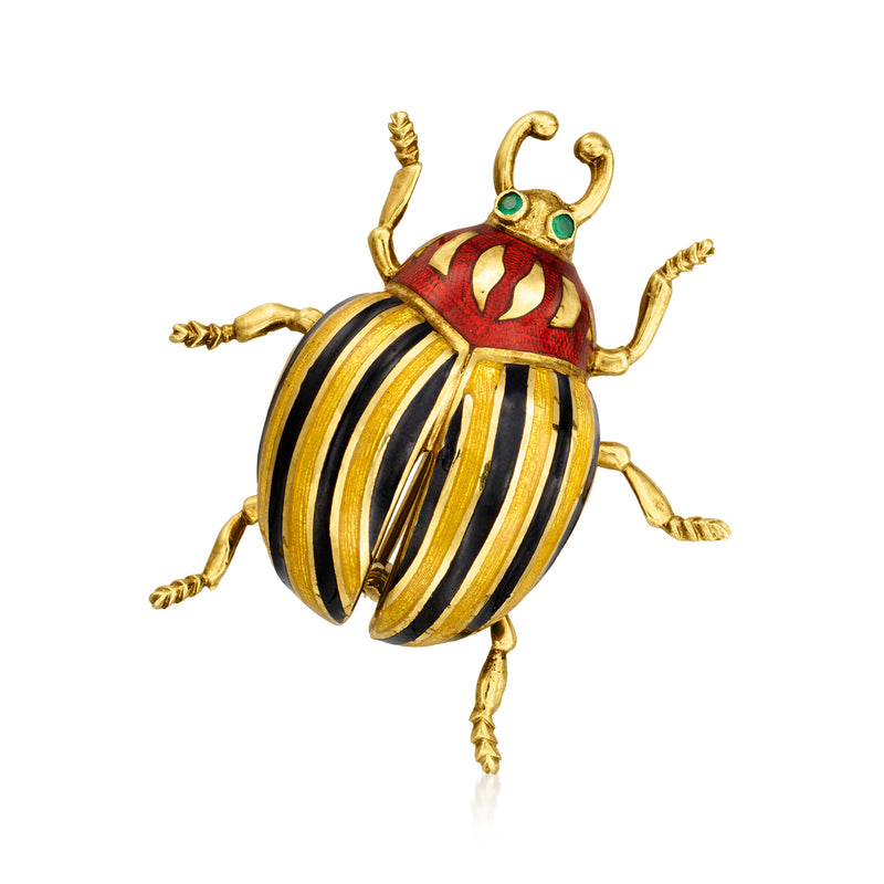 Vintage beetle pin in 14kt yellow gold tone with striped enamel and green cabochon