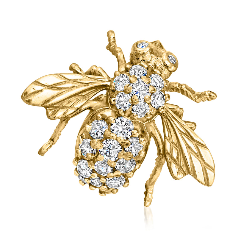 Yellow gold diamond bumblebee pin with round brilliant stones and engraved wings