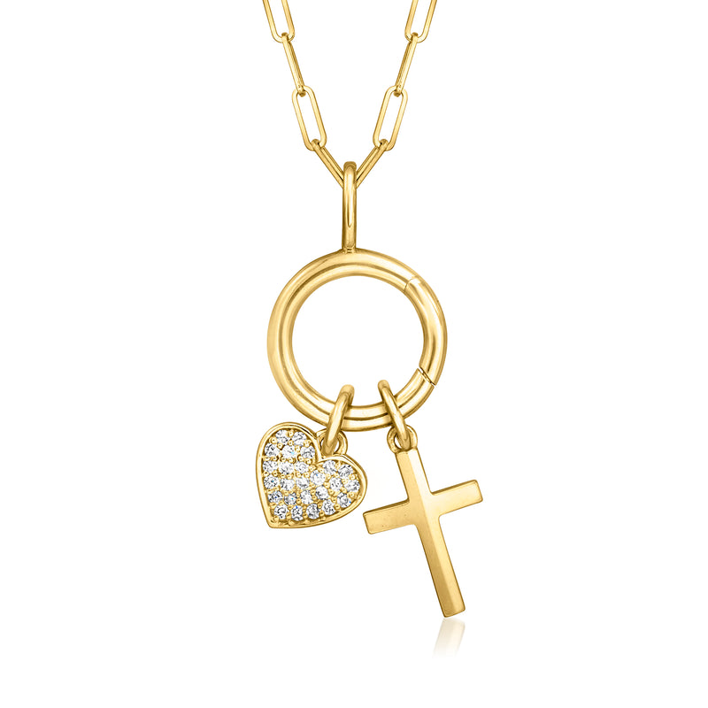 14kt yellow gold circle charm holder pendant with heart and cross charms