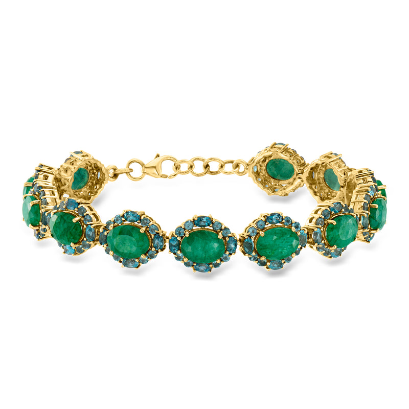 Gold-tone bracelet with green and blue round gemstone clusters and link chain clasp