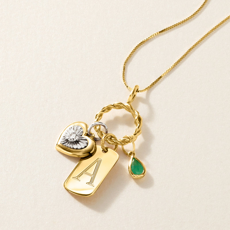 14kt yellow gold twisted circle charm holder pendant with letter A and green stone