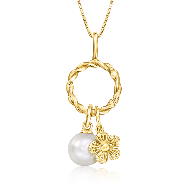14kt yellow gold twisted circle charm holder pendant with pearl drop and flower charm