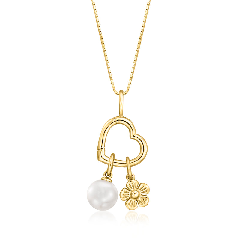 14kt yellow gold heart charm holder pendant on chain with pearl and rosette charm
