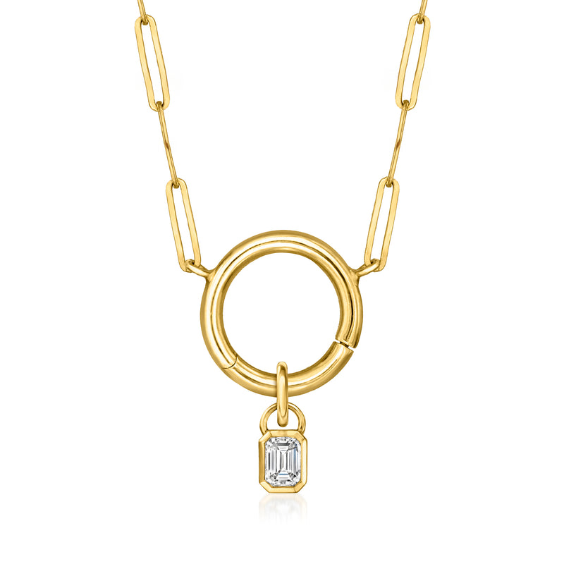 14kt yellow gold circle charm with emerald-cut lab-grown diamond pendant on chain