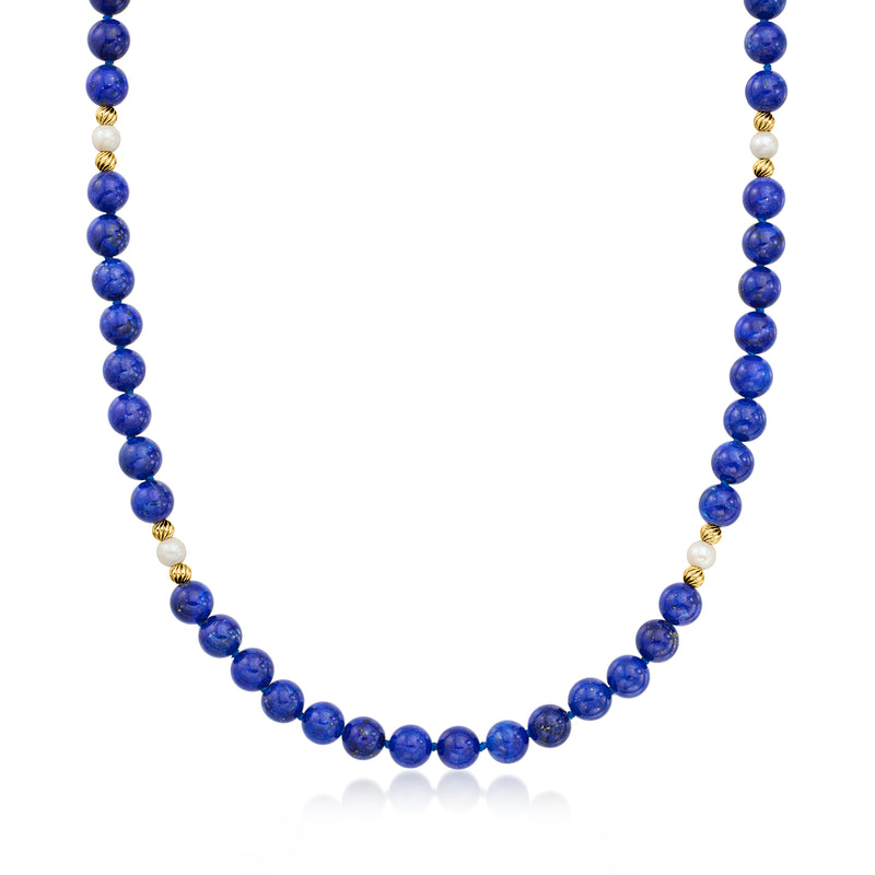 Lapis bead and cultured pearl necklace with 14k yellow gold spacer beads