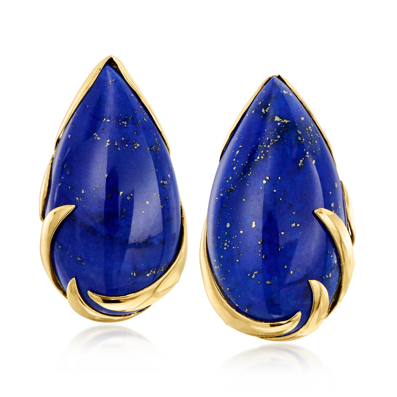 Lapis teardrop earrings in 14kt yellow gold with faceted blue cabochons