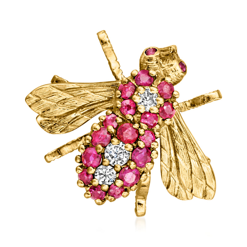 Vintage 18kt yellow gold ruby and diamond bumblebee pin with detailed wings