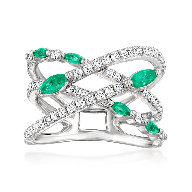 14kt white gold diamond and emerald crisscross highway ring with green oval stones