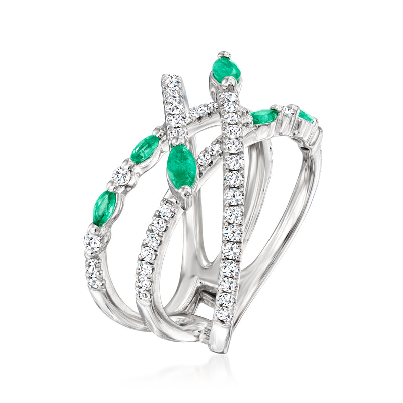 14kt white gold diamond-and-emerald stacked crossover ring with green oval stones