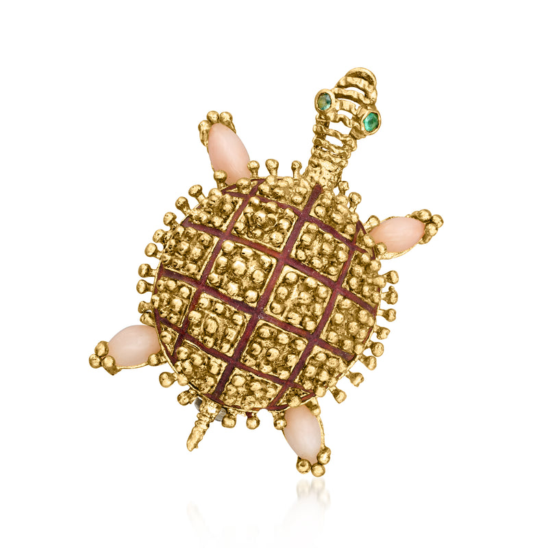 Gold turtle pin with peach coral cabochons, green stone, orange enamel detail