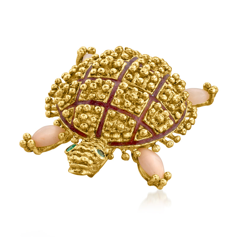 Gold turtle pin with grid body, peach coral stones, green accents and orange enamel