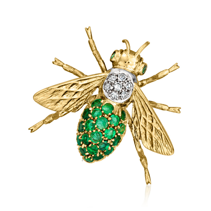 Vintage bumblebee pin in yellow gold with emerald-green stones and round diamond center